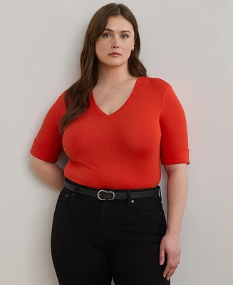 Lauren Ralph Plus Stretch Cotton Elbow-Sleeve V-Neck Tee