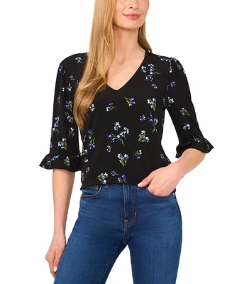 CeCe Women's Printed V-Neck 3/4-Ruffle-Sleeve Top