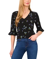CeCe Women's Printed V-Neck 3/4-Ruffle-Sleeve Top