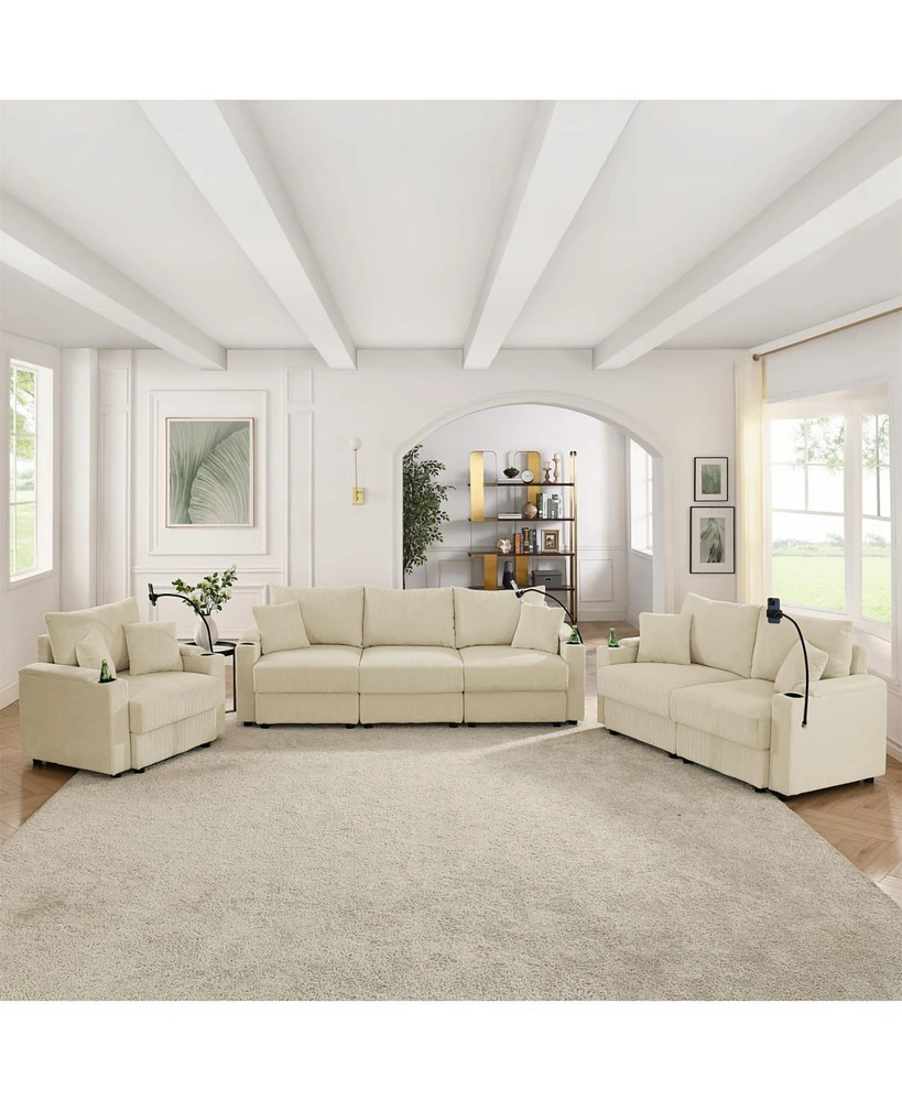 Beige Corduroy Sofa Set with Storage & Cup Holders