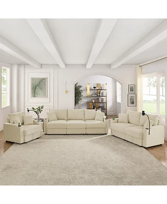 Beige Corduroy Sofa Set with Storage & Cup Holders