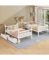 Twin Bunk Bed with 2 Drawers, Convertible Twin Beds, Ladder, Guardrails, White