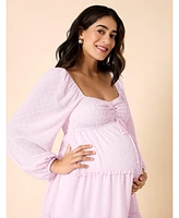 Motherhood Maternity Long Sleeve Front Tie Tiered Mini Dress