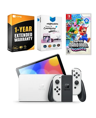 Nintendo Switch White Oled Console with Super Mario Bros. Wonder, MightySkins Console and Controller Skin Voucher, and 1 Year Cps Extended Warranty