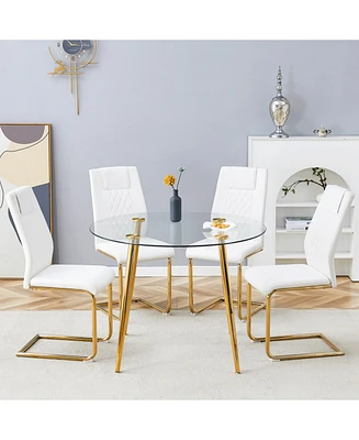 Glass Table & 4 Leather Chairs - Modern Gold Accent