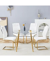 Glass Table & 4 Leather Chairs - Modern Gold Accent