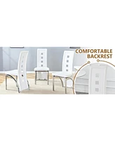 White Marble Dining Set - 4 Pu Chairs, Silver Legs