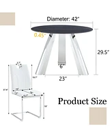 Round Stainless Steel Table and 4 White Dining Chairs with Silver Metal Legs