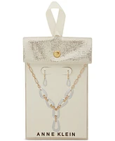 Anne Klein Two-Tone Link Lariat Necklace & Drop Earrings Set