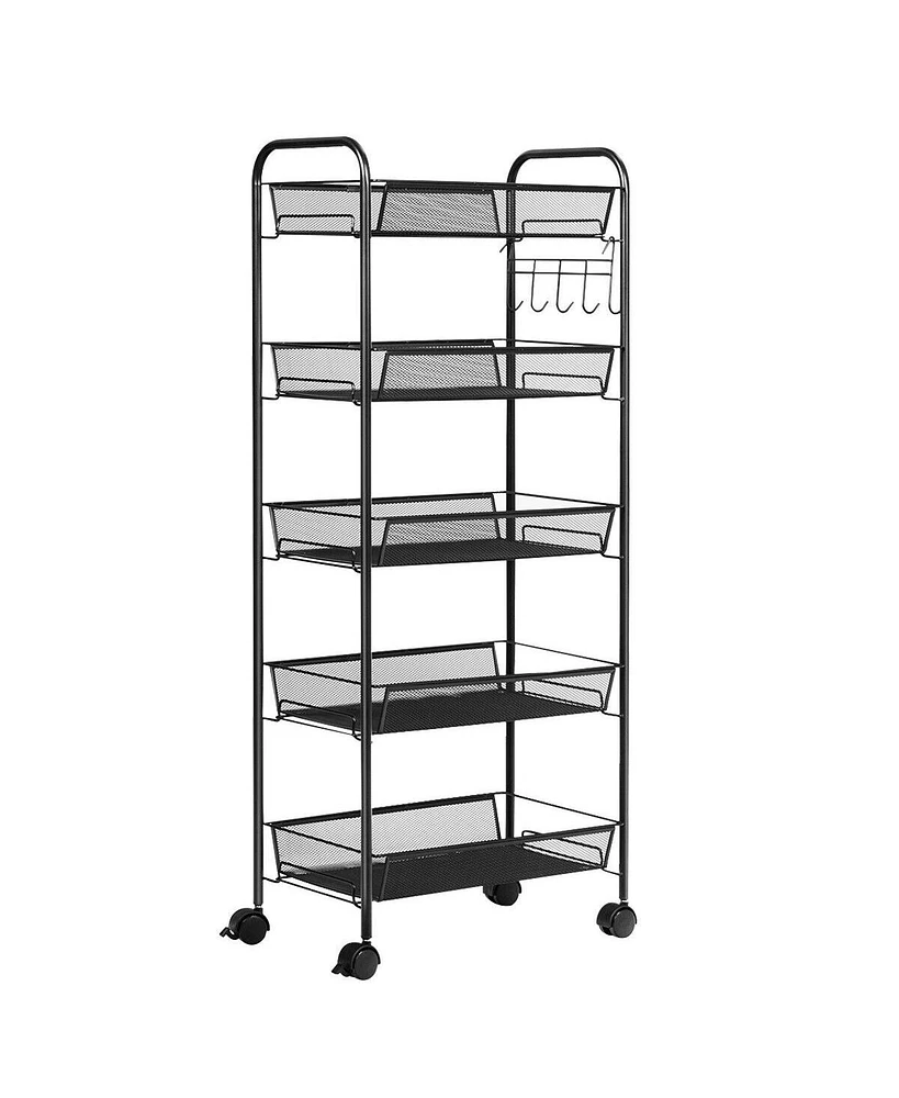5 Tier Mesh Rolling File Utility Cart Storage Basket-Black