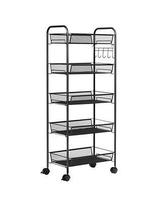 5 Tier Mesh Rolling File Utility Cart Storage Basket-Black