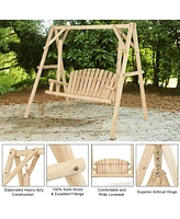 Outdoor Wooden Porch Bench Swing Chair with Rustic Curved Back