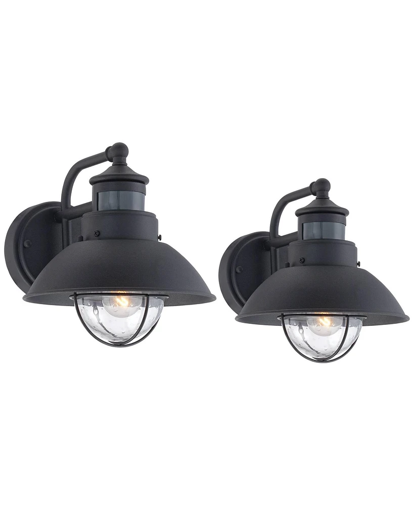 Oberlin Rustic Industrial Farmhouse Outdoor Barn Light Fixtures Set of 2 Black Dusk to Dawn Motion Sensor 9" Clear Seedy Glass for Exterior Deck