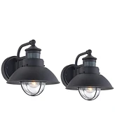 Oberlin Rustic Industrial Farmhouse Outdoor Barn Light Fixtures Set of 2 Black Dusk to Dawn Motion Sensor 9" Clear Seedy Glass for Exterior Deck