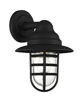 Marlowe Rustic Industrial Nautical Outdoor Wall Light Fixtures Set of 2 Black Hooded Cage 13" Clear Glass for Post Exterior Barn Deck House Home