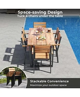 7 Pcs Acacia Wood Patio Dining Set 6 Armchairs and 69" Table with 2" Umbrella Hole