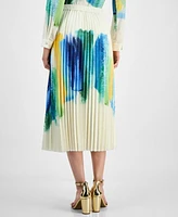 T Tahari Women's Brushstroke-Print Pleated Midi Skirt
