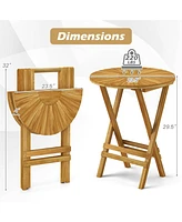 Patio Folding Side Table Teak Wood Round End Table with Slatted Tabletop and X-Shaped Frame