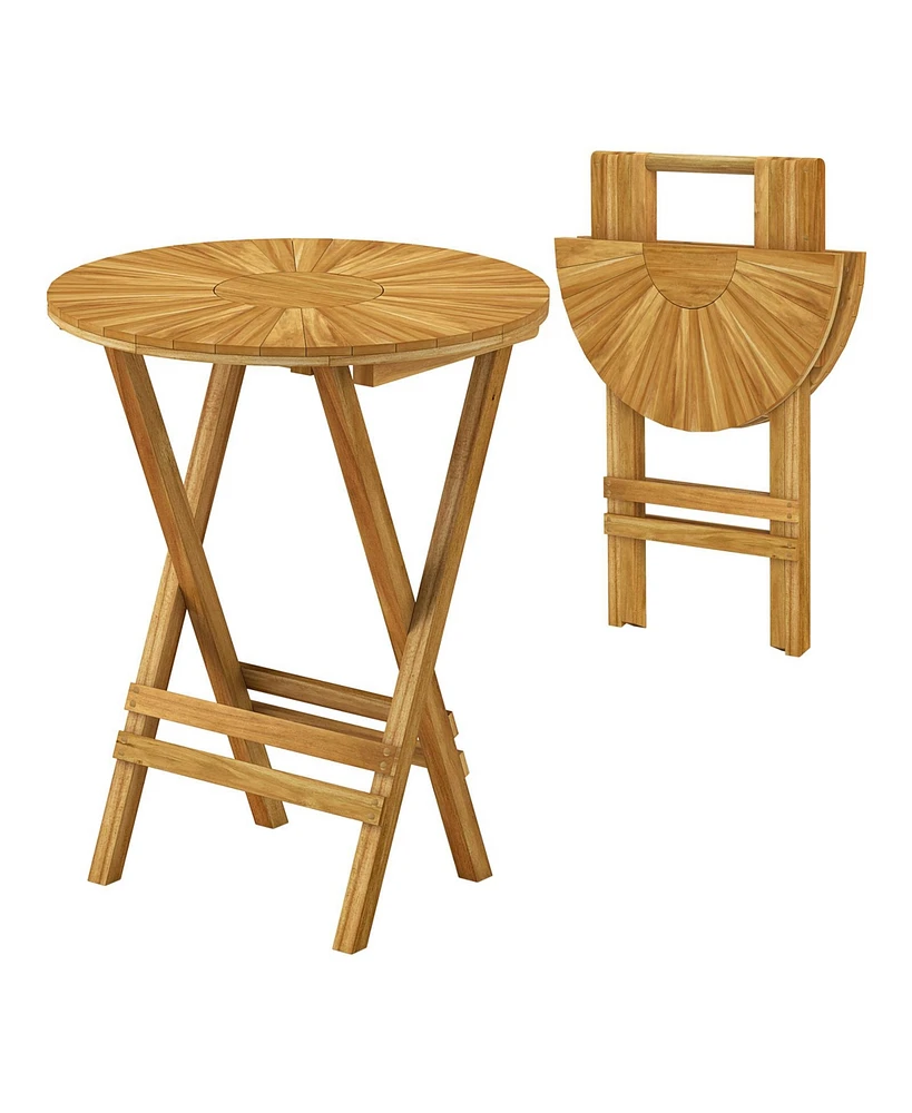 Patio Folding Side Table Teak Wood Round End Table with Slatted Tabletop and X-Shaped Frame