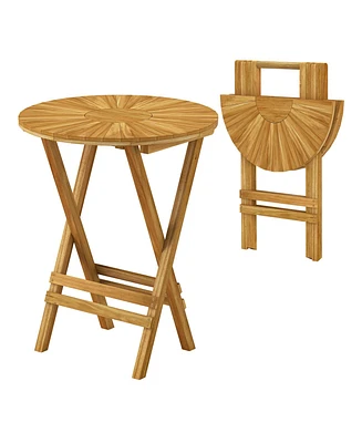 Patio Folding Side Table Teak Wood Round End Table with Slatted Tabletop and X-Shaped Frame