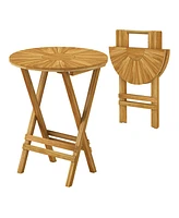 Patio Folding Side Table Teak Wood Round End Table with Slatted Tabletop and X-Shaped Frame