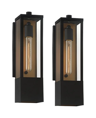 Berk Modern Outdoor Wall Light Fixtures Set of 2 Textured Black Gold Metal Box Frame 16" Clear Glass Panels for Post Exterior Barn Deck House Por