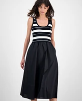 T Tahari Women's Striped-Bodice Mixed-Media Midi Dress