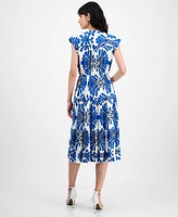 T Tahari Women's V-Neck Button-Front Fanned-Print Midi Dress