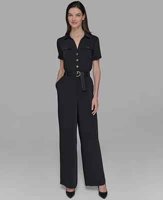Karl Lagerfeld Paris Petite Belted Short-Sleeve Button-Front Jumpsuit
