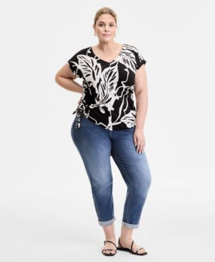 I.N.C. International Concepts Plus Size Printed Side Tie V Neck Top Slim Tech Rolled Cuff Boyfriend Jeans Exclusively At Macys