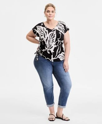 I.N.C. International Concepts Plus Size Printed Side Tie V Neck Top Slim Tech Rolled Cuff Boyfriend Jeans Exclusively At Macys