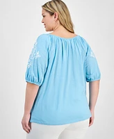 Style & Co Plus Embroidered Knit Peasant Top, Exclusively at Macy's