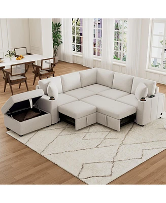 84.7" Convertible Sectional Sofa Bed with Ottoman