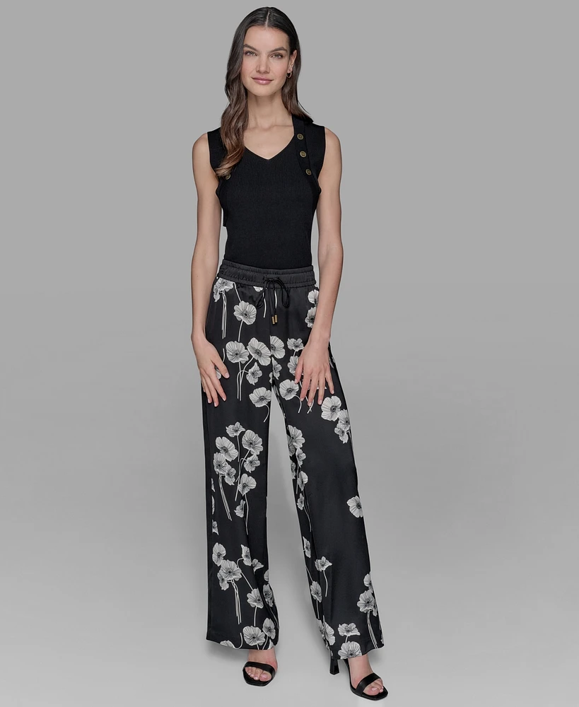 Karl Lagerfeld Paris Petite Floral Print Wide-Leg Pants