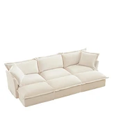 Cream Chenille 3-Seat Sofa with Ottomans & Sleeper