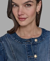 Karl Lagerfeld Paris Petite Crewneck Button-Front Denim Jacket