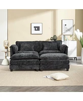 Plush Chenille Sofa with Detachable Armrests, Footstools and Side Pockets
