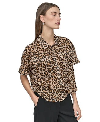 Dkny Petite Printed Short-Sleeve Button-Front Shirt
