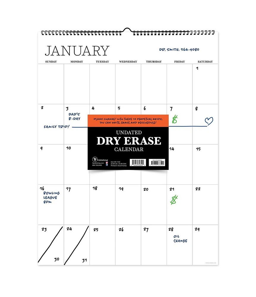 Undated 17" x 22" Dry Erase Large Wire-o Hanging Vertical Wall Calendar