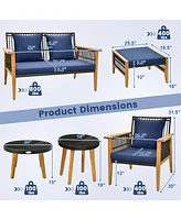 7 Piece Conversation Set Rattan Woven Chair Set with 2 Coffee Tables & 2 Ottomans