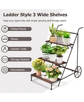 Gymax 3-Tier Metal Plant Stand Ladder Shaped Flower Pot Holder Storage Rack w/ Wheels