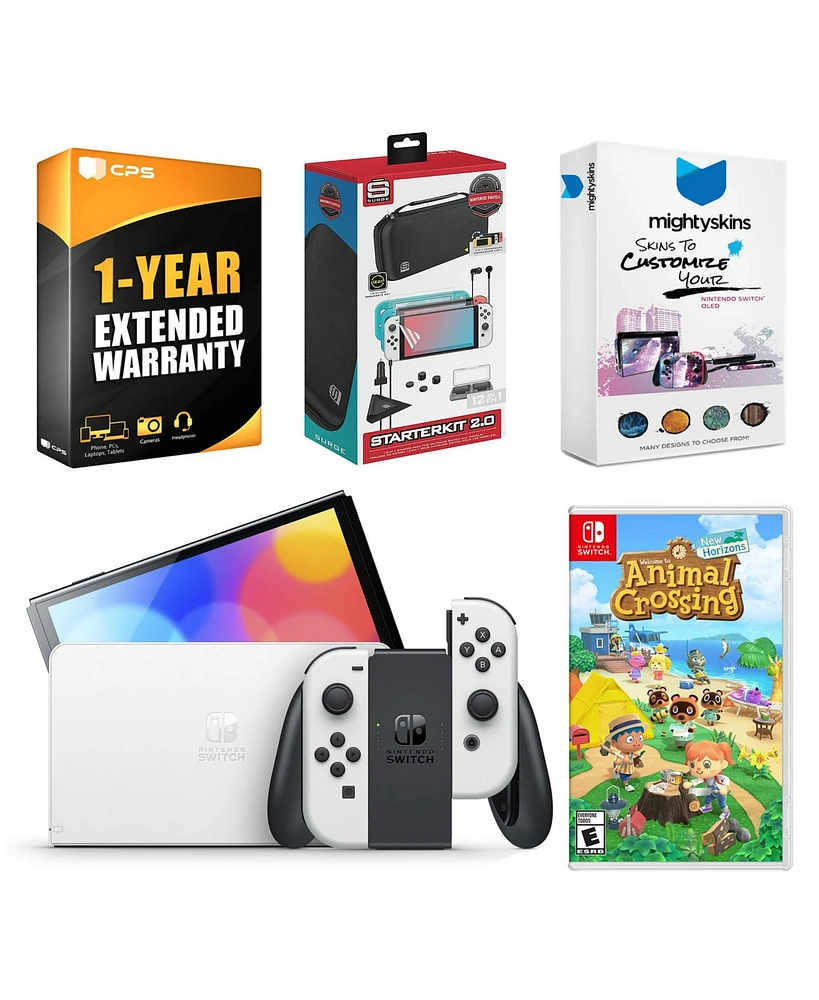 Nintendo Switch White Oled Console with Animal Crossing: New Horizons, Surge 12 in 1 Accessory Starter Kit 2.0