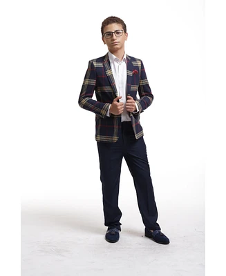 Elie Balleh Boys Navy Slim Fit Classic Plaid Blazer