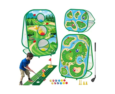 Titqwop 4-in-1 Sticky Golf Games Set for Kids & Adults – Golf Putting Mat, Chipping Net, Cornhole Board & Retractable Club | Indoor/Outdoor Pra