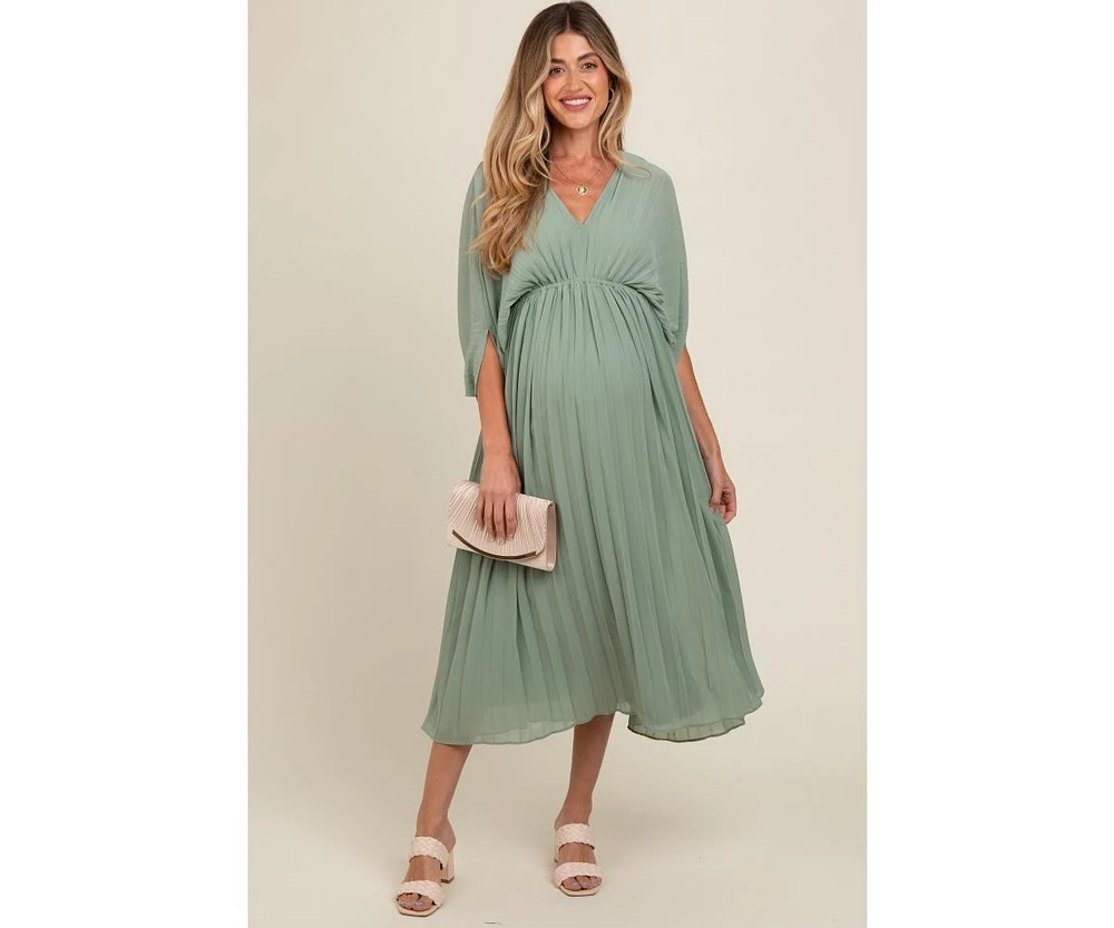 Pinkblush Maternity Light Olive Pleated V Neck Maxi Dress