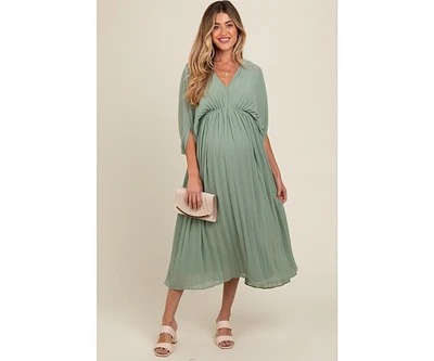 Pinkblush Maternity Light Olive Pleated V Neck Maxi Dress