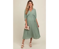 Pinkblush Maternity Light Olive Pleated V Neck Maxi Dress