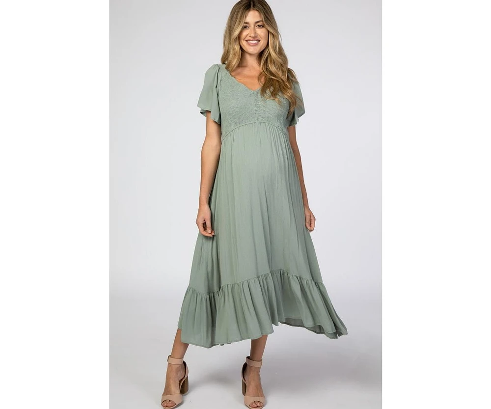 Pinkblush Maternity Light Olive Smocked V-Neck Midi Dress