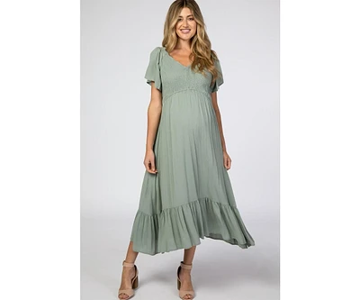 Pinkblush Maternity Light Olive Smocked V-Neck Midi Dress