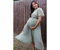 Pinkblush Maternity Light Olive Leaf Print Pleated Midi Dress
